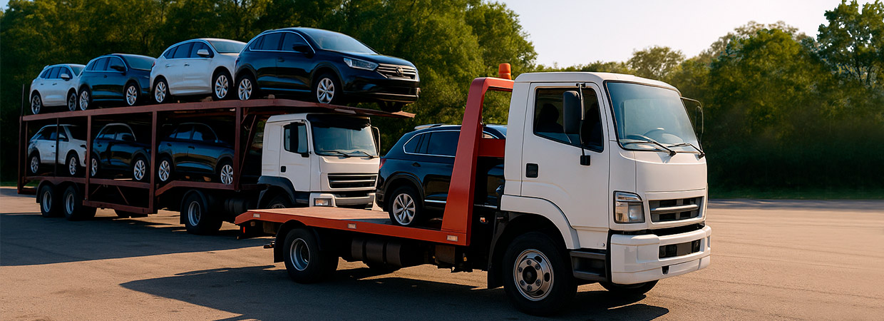 dois tipos de caminhões usados no transporte de veículos, um caminhão cegonha e um caminhão plataforma